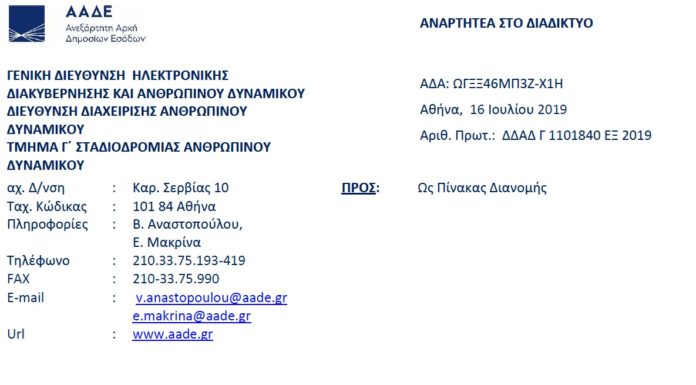Πρόσκληση για Δ/νσεις – Υπ/νσεις Ειδικών Αποκεντρωμένων Υπηρεσιών της ΑΑΔΕ