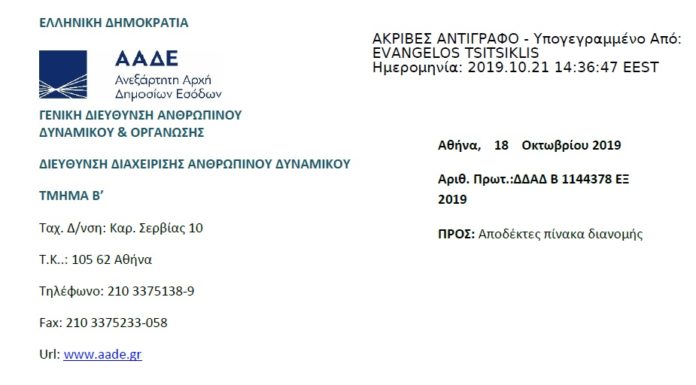 Μεταθέσεις εφοριακών υπαλλήλων εκτός νομού – Υπηρεσιακό Συμβούλιο 04/10/2019