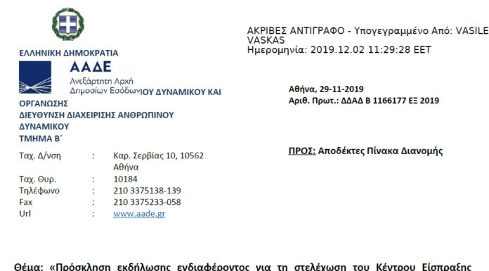 Πρόσκληση για τη στελέχωση του Κέντρου Είσπραξης Οφειλών (Κ.Ε.ΟΦ.) Αττικής