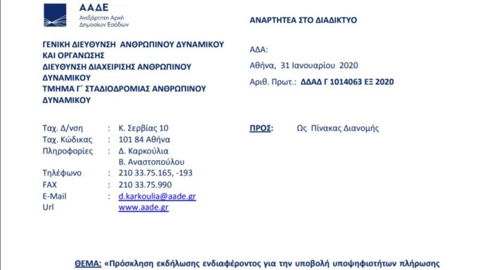 Πρόσκληση για Προϊσταμένους της Δ/νσης Ελέγχων, της Δ/νσης Εισπράξεων και της Δ.Ο.Υ. Φ.Α.Ε. Αθηνών