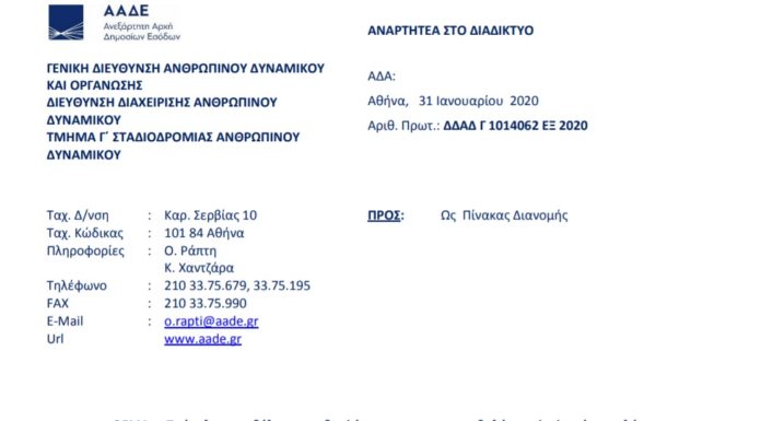 Πρόσκληση για Προϊσταμένους Διεύθυνσης/Υποδιεύθυνσης Ειδικών Αποκεντρωμένων Υπηρεσιών της ΑΑΔΕ