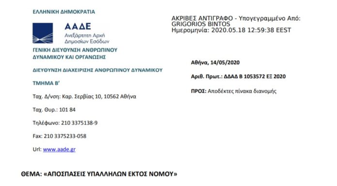 Αποσπάσεις εφοριακών υπαλλήλων εκτός νομού 18.05.2020