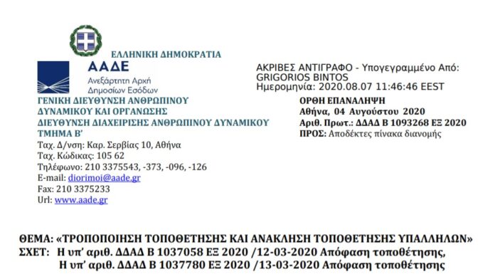 ΑΠΟΦΑΣΗ ΤΡΟΠΟΠΟΙΗΣΗΣ ΤΟΠΟΘΕΤΗΣΗΣ ΚΑΙ ΑΝΑΚΛΗΣΗΣ ΤΟΠΟΘΕΤΗΣΗΣ ΥΠΑΛΛΗΛΩΝ ΑΑΔΕ
