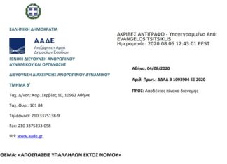 ΑΠΟΦΑΣΗ ΑΠΟΣΠΑΣΗΣ ΕΦΟΡΙΑΚΩΝ ΥΠΑΛΛΗΛΩΝ ΑΑΔΕ ΕΚΤΟΣ ΝΟΜΟΥ