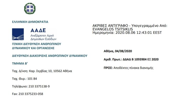 ΑΠΟΦΑΣΗ ΑΠΟΣΠΑΣΗΣ ΕΦΟΡΙΑΚΩΝ ΥΠΑΛΛΗΛΩΝ ΑΑΔΕ ΕΚΤΟΣ ΝΟΜΟΥ