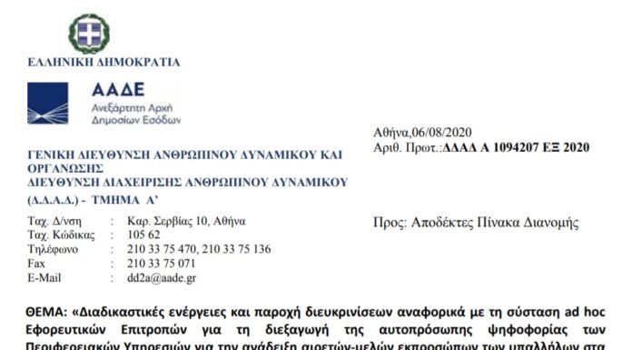ΔΙΑΔΙΚΑΣΤΙΚΕΣ ΕΝΕΡΓΕΙΕΣ ΚΑΙ ΠΑΡΟΧΗ ΔΙΕΥΚΡΙΝΙΣΕΩΝ ΑΝΑΦΟΡΙΚΑ ΜΕ ΤΗ ΣΥΣΤΑΣΗ AD HOC ΕΦΟΡΕΥΤΙΚΩΝ ΕΠΙΤΡΟΠΩΝ ΓΙΑ ΤΗ ΔΙΕΞΑΓΩΓΗ ΤΗΣ ΑΥΤΟΠΡΟΣΩΠΗΣ ΨΗΦΟΦΟΡΙΑΣ ΤΩΝ ΠΕΡΙΦΕΡΕΙΑΚΩΝ ΥΠΗΡΕΣΙΩΝ ΓΙΑ ΤΗΝ ΑΝΑΔΕΙΞΗ ΑΙΡΕΤΩΝ-ΜΕΛΩΝ ΕΚΠΡΟΣΩΠΩΝ ΤΩΝ ΥΠΑΛΛΗΛΩΝ ΣΤΑ Α’Β’ΚΑΙ Γ’ ΥΠΗΡΕΣIΩΝ