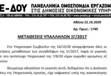 ΑΝΑΚΟΙΝΩΣΗ ΠΟΕ-ΔΟΥ ΓΙΑ ΤΗΝ ΑΠΟΡΡΙΨΗ ΑΙΤΗΜΑΤΩΝ ΜΕΤΑΘΕΣΕΩΝ ΣΥΝΑΔΕΛΦΩΝ ΤΗΣ 1Γ/2017