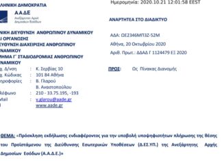 Πρόσκληση για Προϊστάμενο της Διεύθυνσης Εσωτερικών Υποθέσεων (Δ.ΕΣ.ΥΠ.) της ΑΑΔΕ