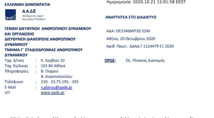 Πρόσκληση για Προϊστάμενο της Διεύθυνσης Εσωτερικών Υποθέσεων (Δ.ΕΣ.ΥΠ.) της ΑΑΔΕ