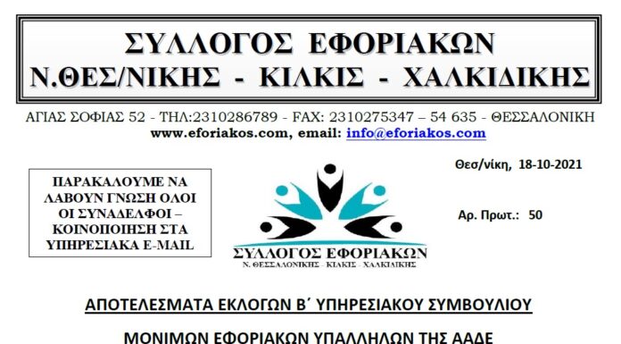 ΑΠΟΤΕΛΕΣΜΑΤΑ ΕΚΛΟΓΩΝ Β΄ ΥΠΗΡΕΣΙΑΚΟΥ ΣΥΜΒΟΥΛΙΟΥ ΕΦΟΡΙΑΚΩΝ ΤΗΣ ΑΑΔΕ