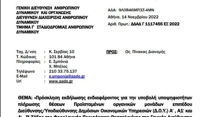 Πρόσκληση για πλήρωση θέσεων Διευθυντών/Υποδιευθυντών Δ.Ο.Υ.