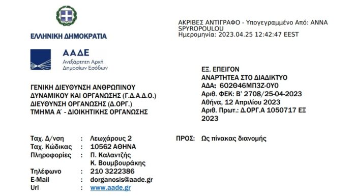 Καθορισμός των οργανικών θέσεων προσωπικού της ΑΑΔΕ – Δείτε την απόφαση